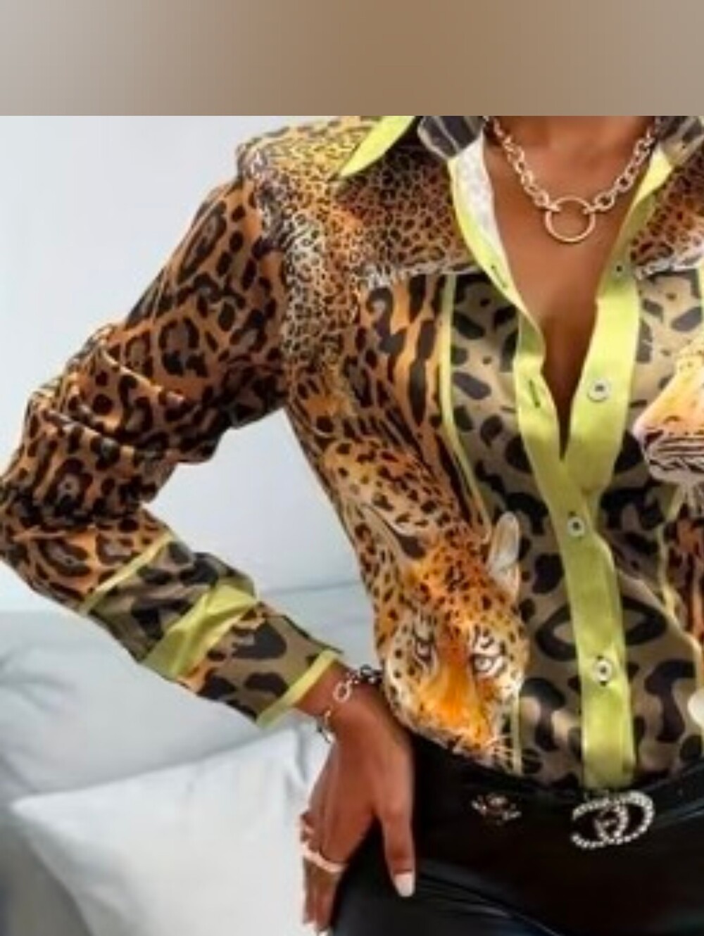 NEW Lightweight Leopard Print Polyester Button-Up Shirt Orange Black Green 10 12